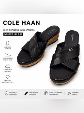 Cole Haan Leather Wedge Slide Sandals | Black | Women’s Size 8.5B